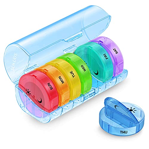 Sukuos Weekly Pill Organizer 7 Day 2 Times a Day, Large Daily Pill Box Easy to Open, AM PM Pill Case for Medicine/Vitamin/Fish Oil/Supplements (Blue)
