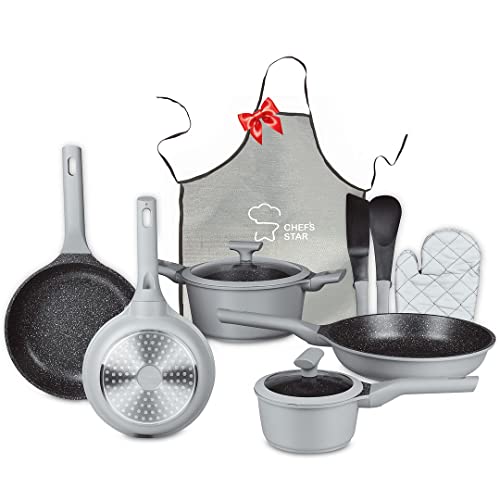 Chef\'s Star Nonstick Pots and Pans Set, Aluminum Kitchen Cookware Set with Silicone Handle, Nonstick Frying Pans, Cooking Essentials, Includes Oven Gloves and Apron, (Gray)