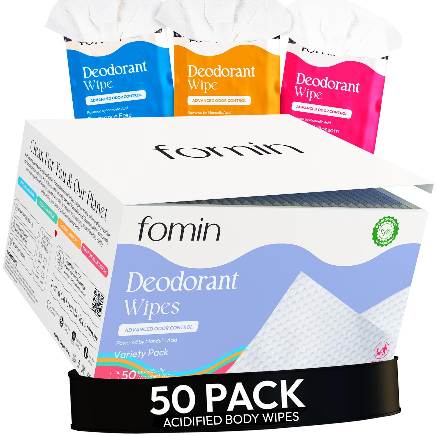FOMIN Acidified Travel Deodorant Wipes For Women & Men - 50 Count - Variety Pack - pH Balanced, Mini Deodorant Travel Size Wipes - Plastic-Free, Individually Wrapped Underarm Body Wipes Variety Pack 50 Count (Pack of 1)