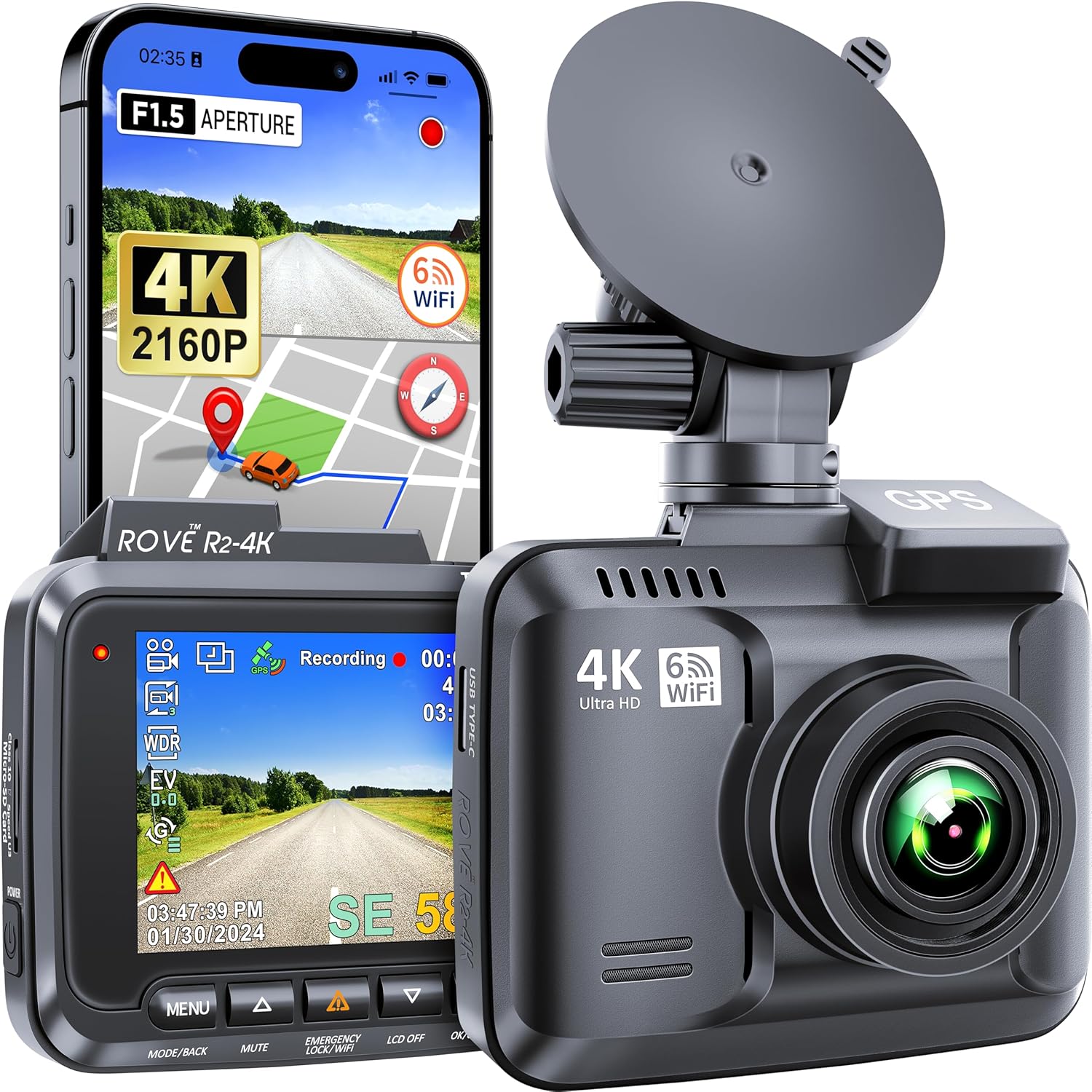 ROVE R2-4K Dash Cam Built-in WiFi 6 GPS Car Dashboard Camera Recorder with UHD 2160P, 2.4 IPS Screen, 150° Wide Angle, WDR, Night Vision