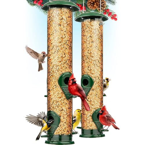 Metal Hanging Bird Feeder Tube, 4-Port, 2-Pack Hanging Bird Feeders for Outdoors, Heavy Duty Chew-Proof and Rust-Proof Metal, 15 Inches