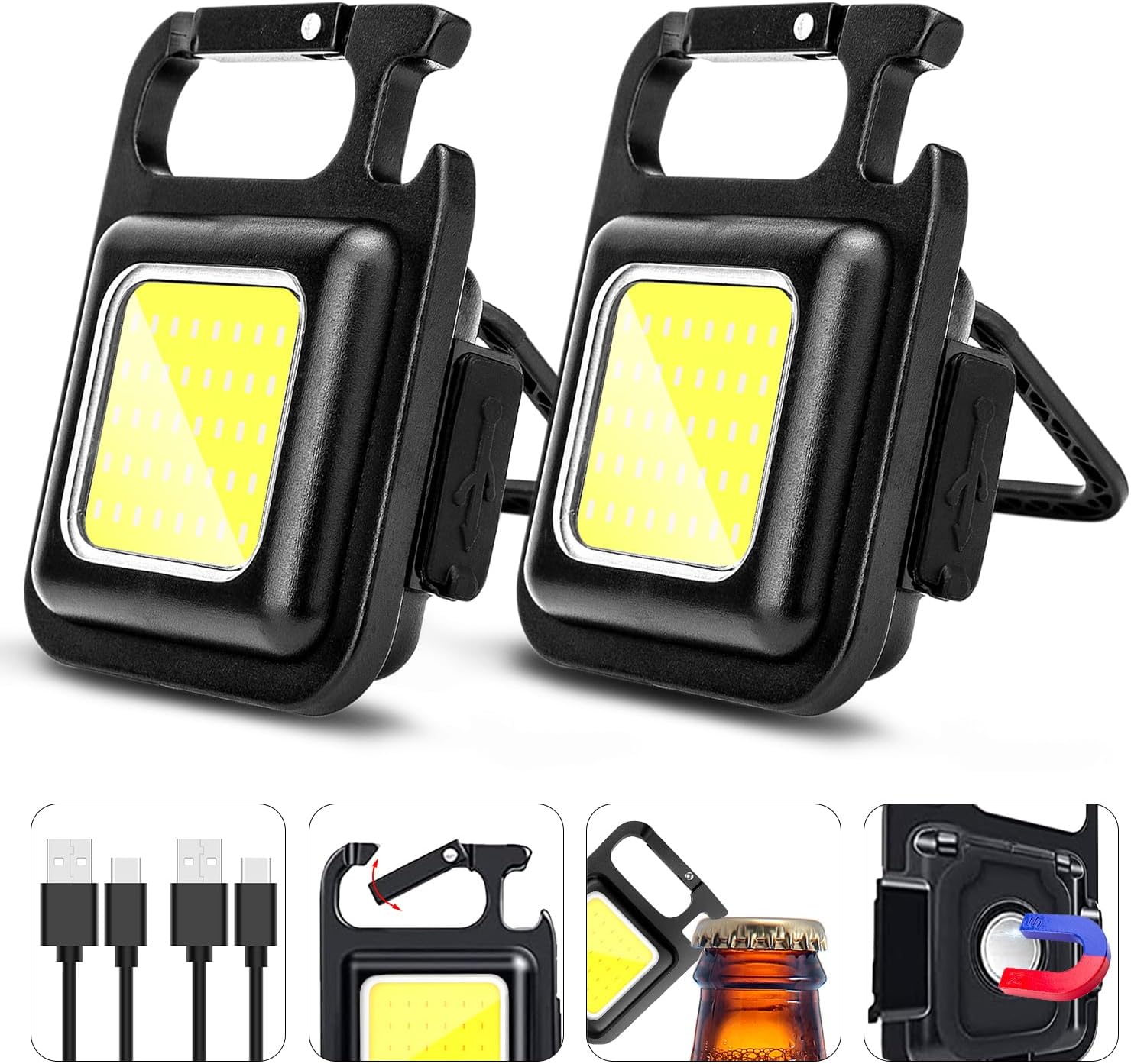 COB Keychain Work Light Keychain Flashlights 4 Light Modes 1600Lumen,Keychain Light Emergency Light with Folding Bracket Bottle Opener and Magnet Base,Camping and Walking 2pc-ca