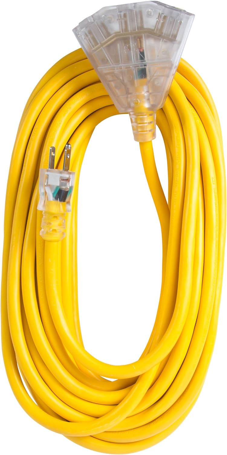 Bergen Industries Extra Heavy-Duty Outdoor Triple Tap Extension Cord, 50\', 12 AWG, 15A/125V AC, Yellow Yellow 50\' Triple Tap Cord