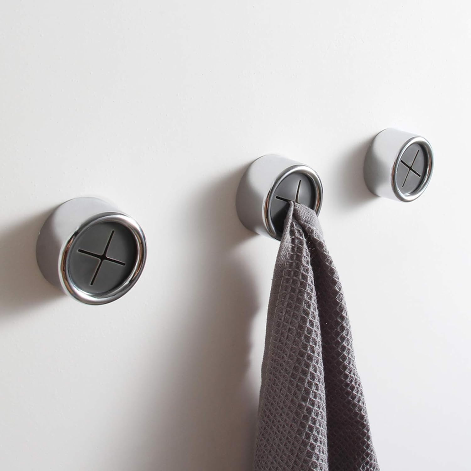 KAIYING Kitchen Towel Hooks Round Self Adhesive Dish Towel Holder Wall Mount Hand Towel Hook Tea Towel Rack Hanger for Cabinet Door, Chrome Plated(3 Pack) Chrome & Grey