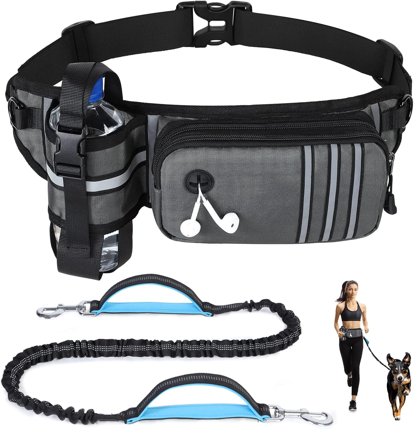 Hands Free Dog Leash with Zipper Pouch for Small Medium Large Dogs Running Walking Training, Adjustable Waist Belt with Reflective Threading, Retractable Bungee Leash, Dual Padded Handles (Grey)