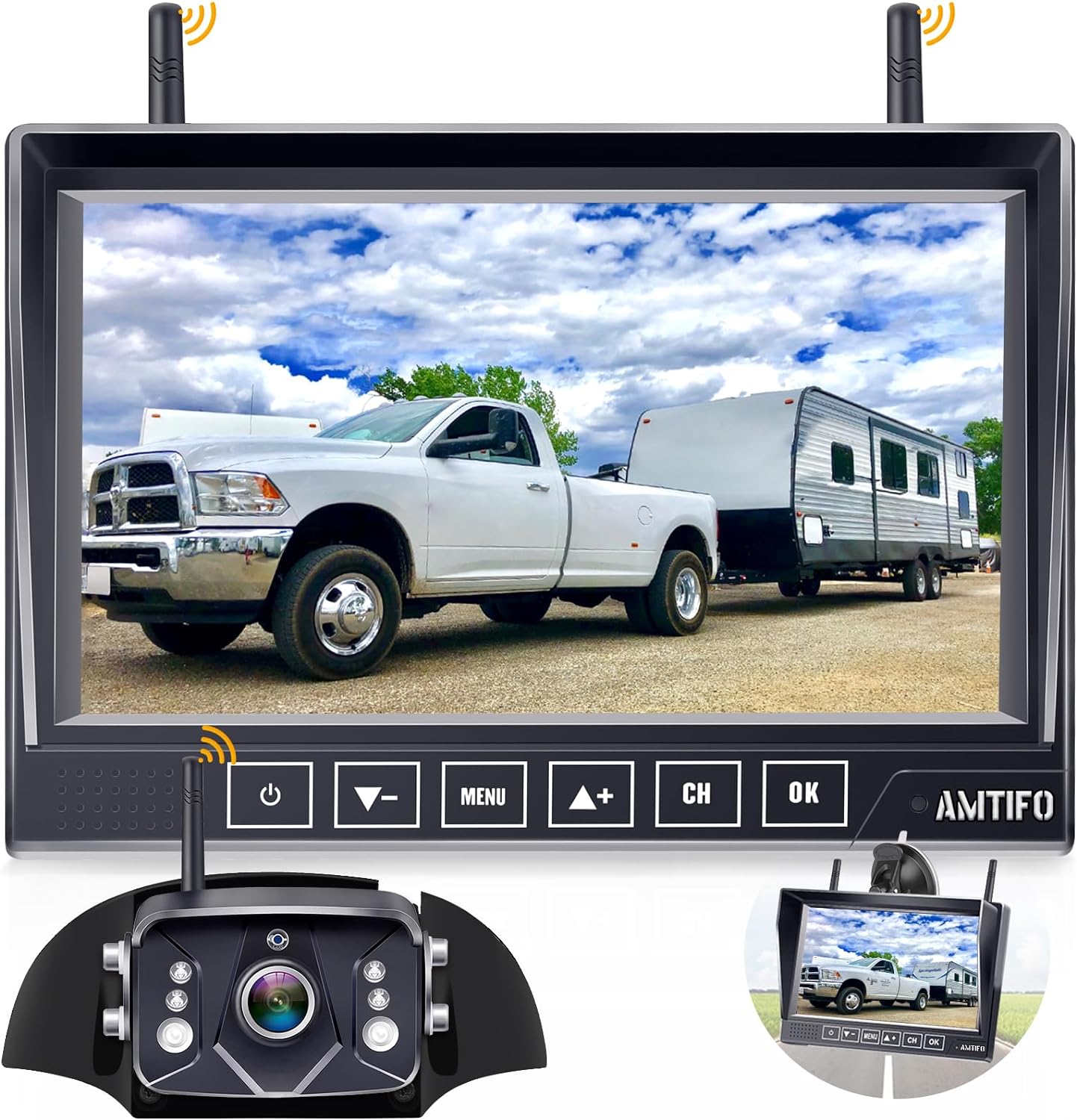 Wireless Backup Camera for RVs & Trailers - 7-inch HD Monitor, Night Vision, Easy Installation, Compatible with Furrion Pre-Wired, IP69K Waterproof, 4 Cameras Support,by AMTIFO