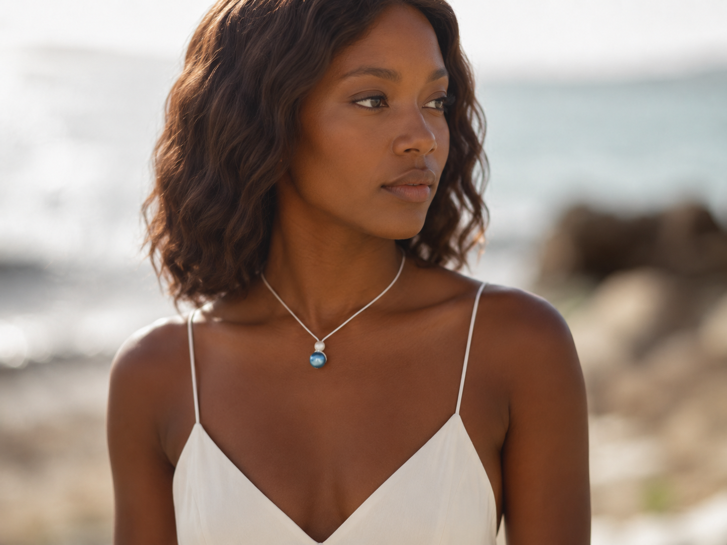 Collier nacré bleu porté
