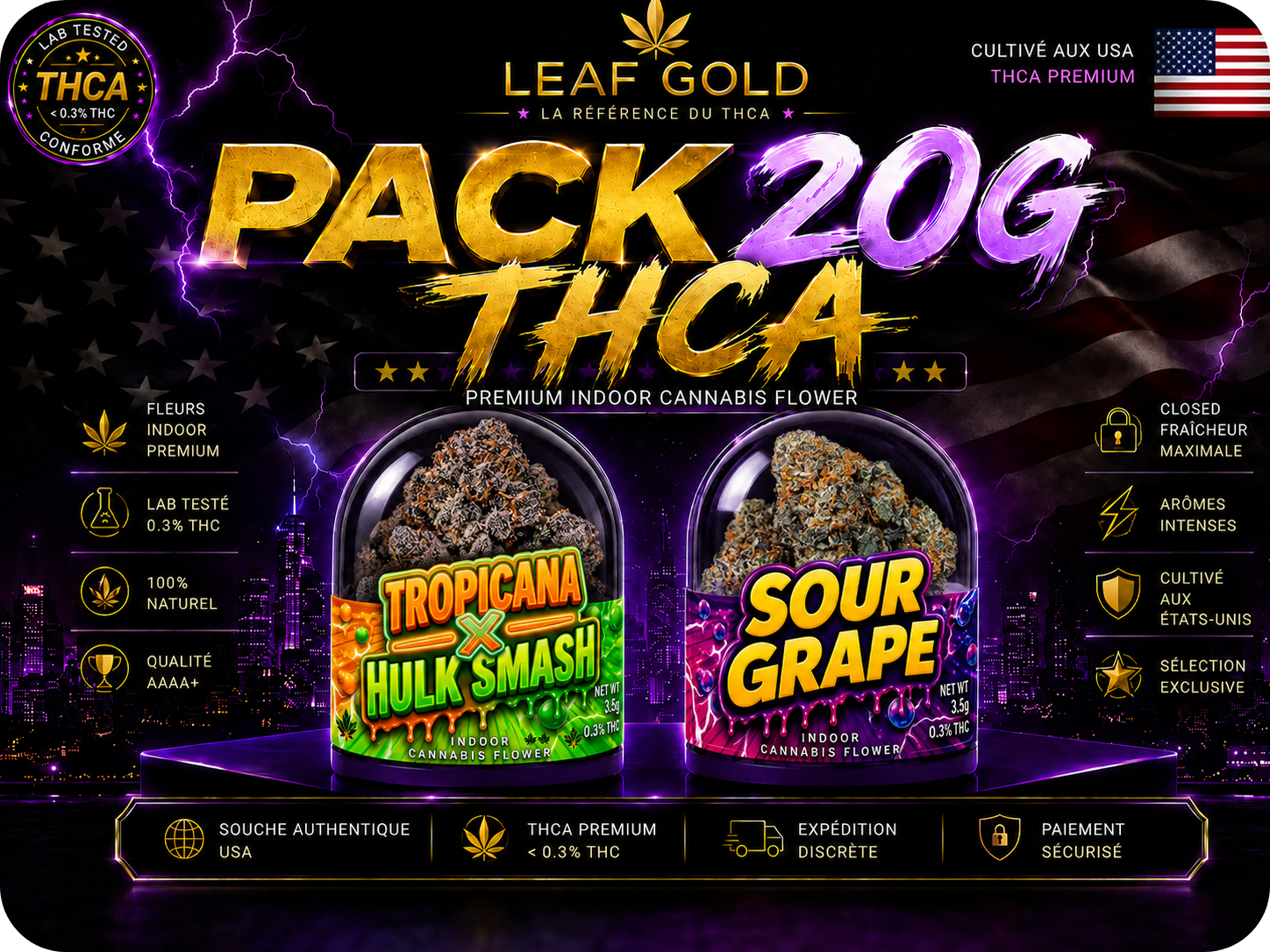 Achat Pack 20g THCA Tropicana X Hulk Smash / Sour Grape AAAA+ USA - Leaf Gold