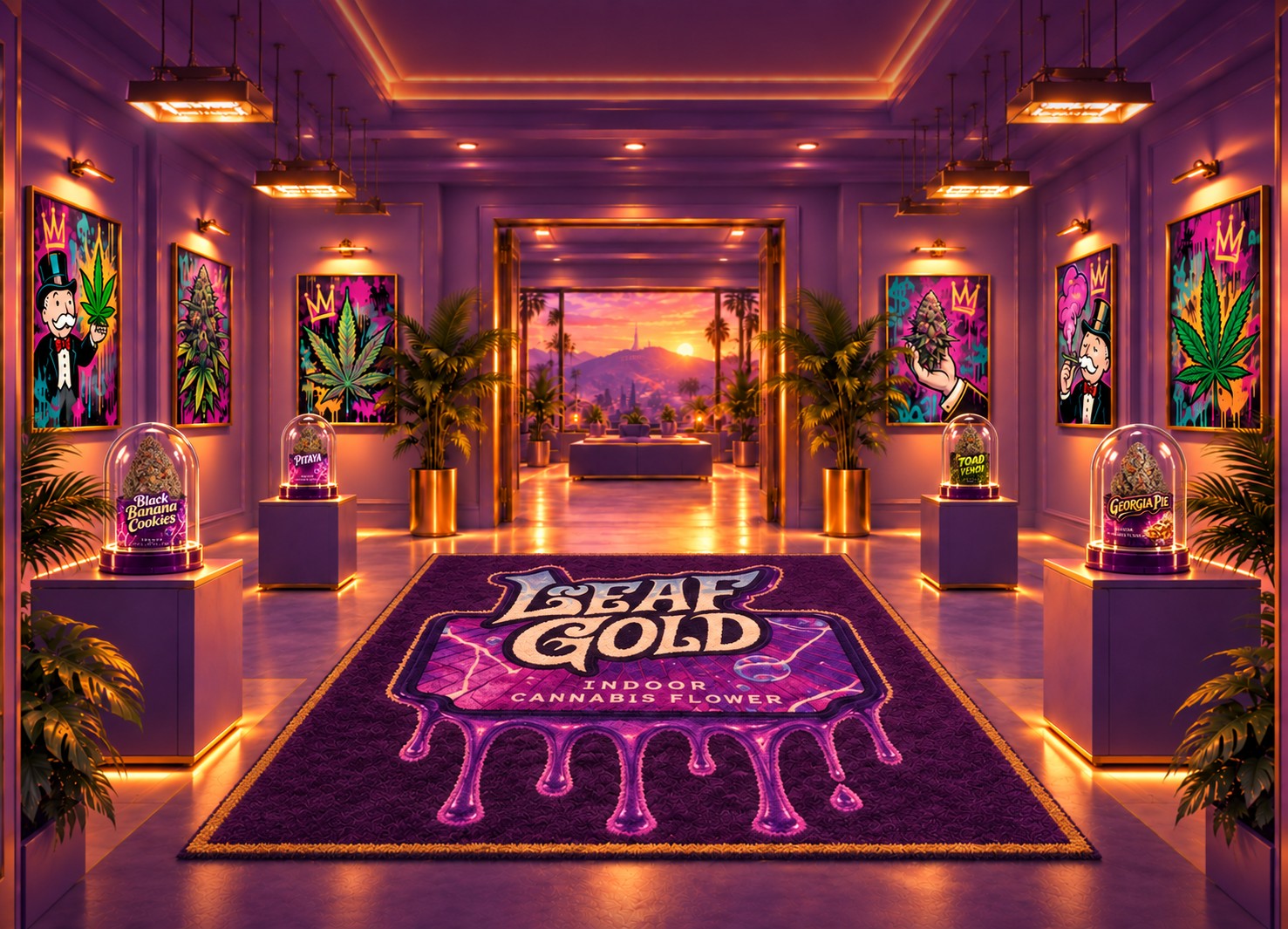Galerie Leaf Gold violette et dorée avec le tapis et les produits sous cloche