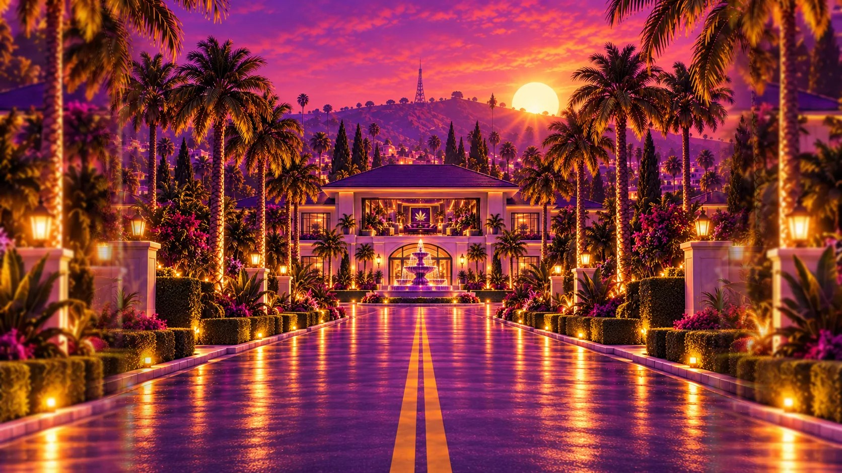 Boulevard californien Leaf Gold bordé de palmiers et de façades violettes au coucher du soleil