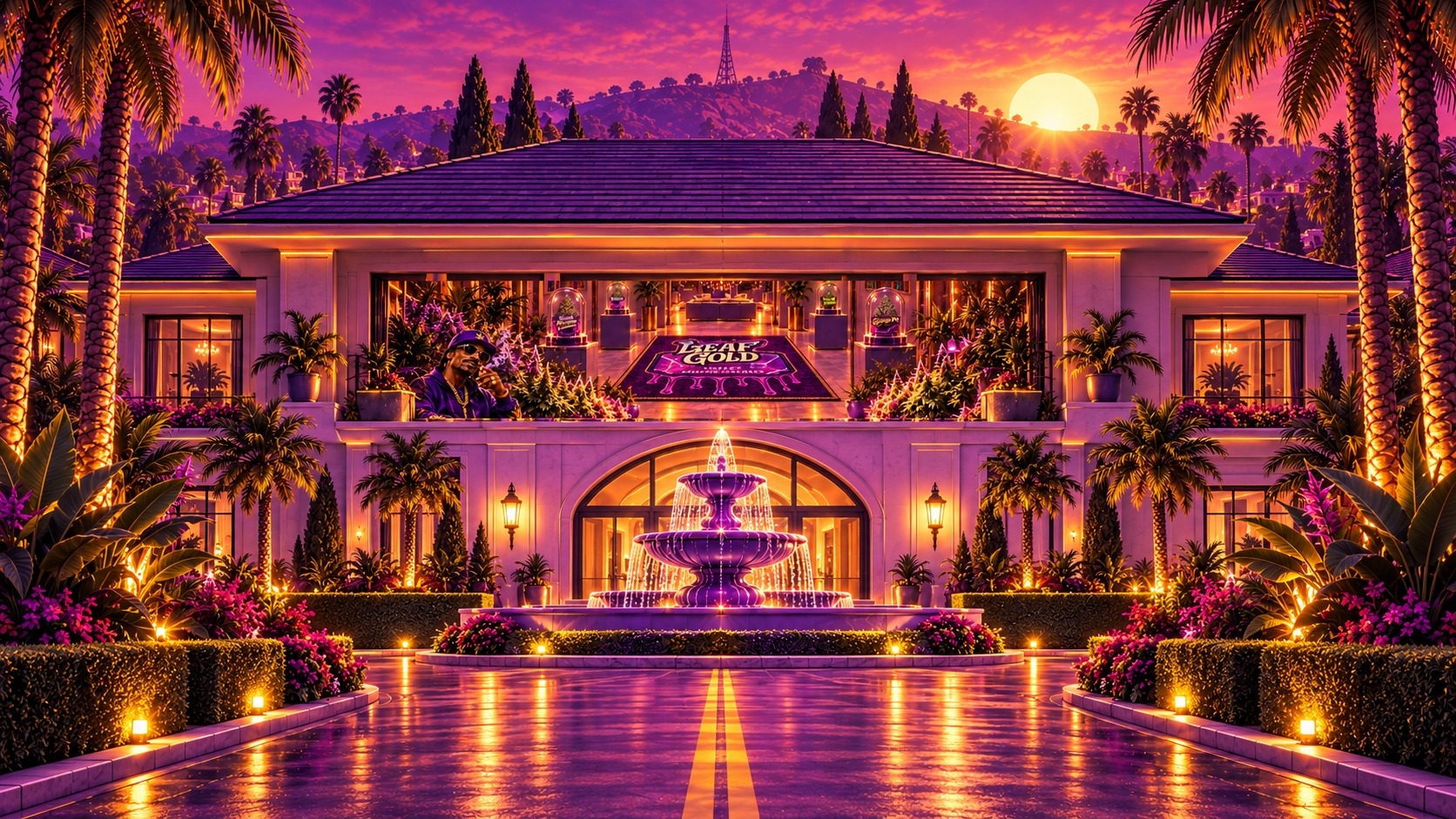 Façade violette, fontaine et fenêtres éclairées du bâtiment central