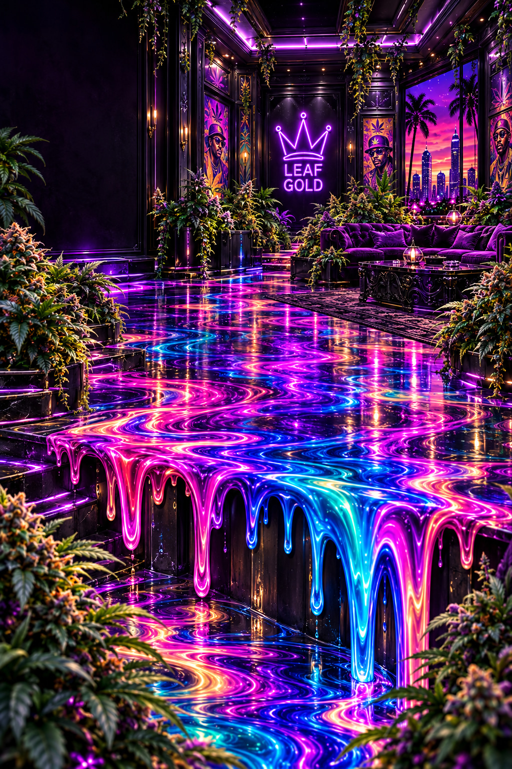 Salon d’entrée Leaf Gold, sol époxy multicolore et escalier vers les cartouches