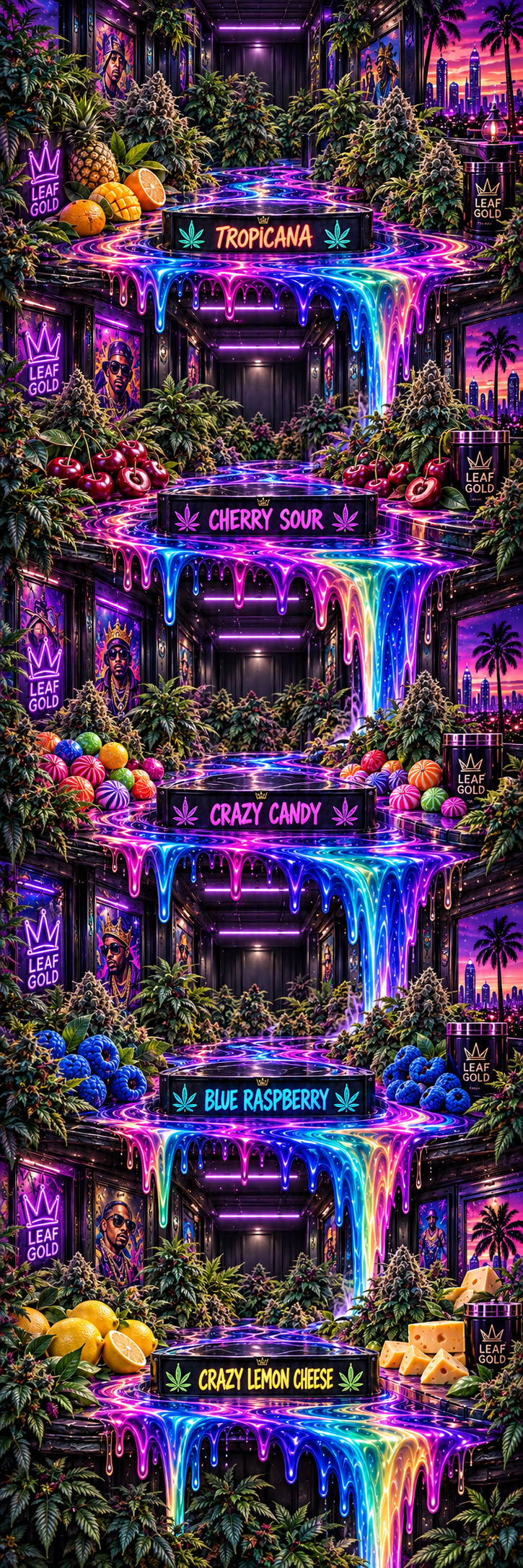 Décor Leaf Gold sans cartouches : Tropicana, Cherry Sour, Crazy Candy, Blue Raspberry, Crazy Lemon Cheese