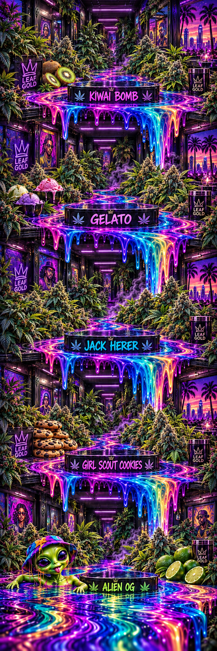 Décor Leaf Gold sans cartouches : Kiwai Bomb, Gelato, Jack Herer, Girl Scout Cookies, Alien OG