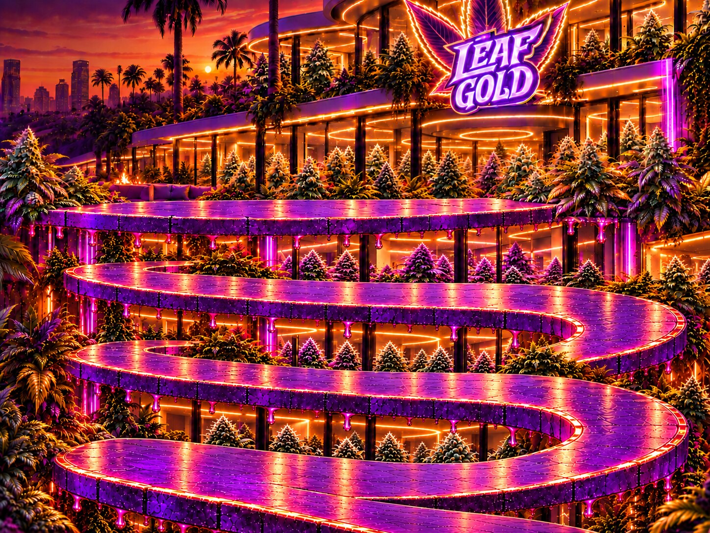 Les personnages et la maison Leaf Gold ouvrent le parcours de fleurs et hash THCA sur les rebords violets et dorés.