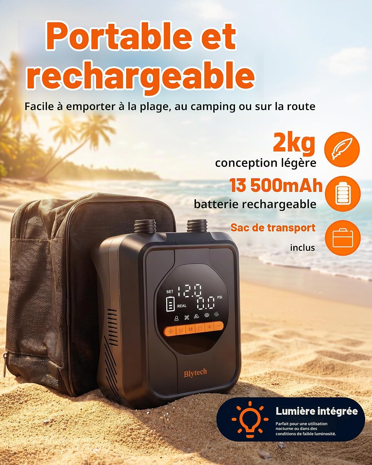 Gonfleur électrique paddle 20 PSI rechargeable avec embouts, photo 2