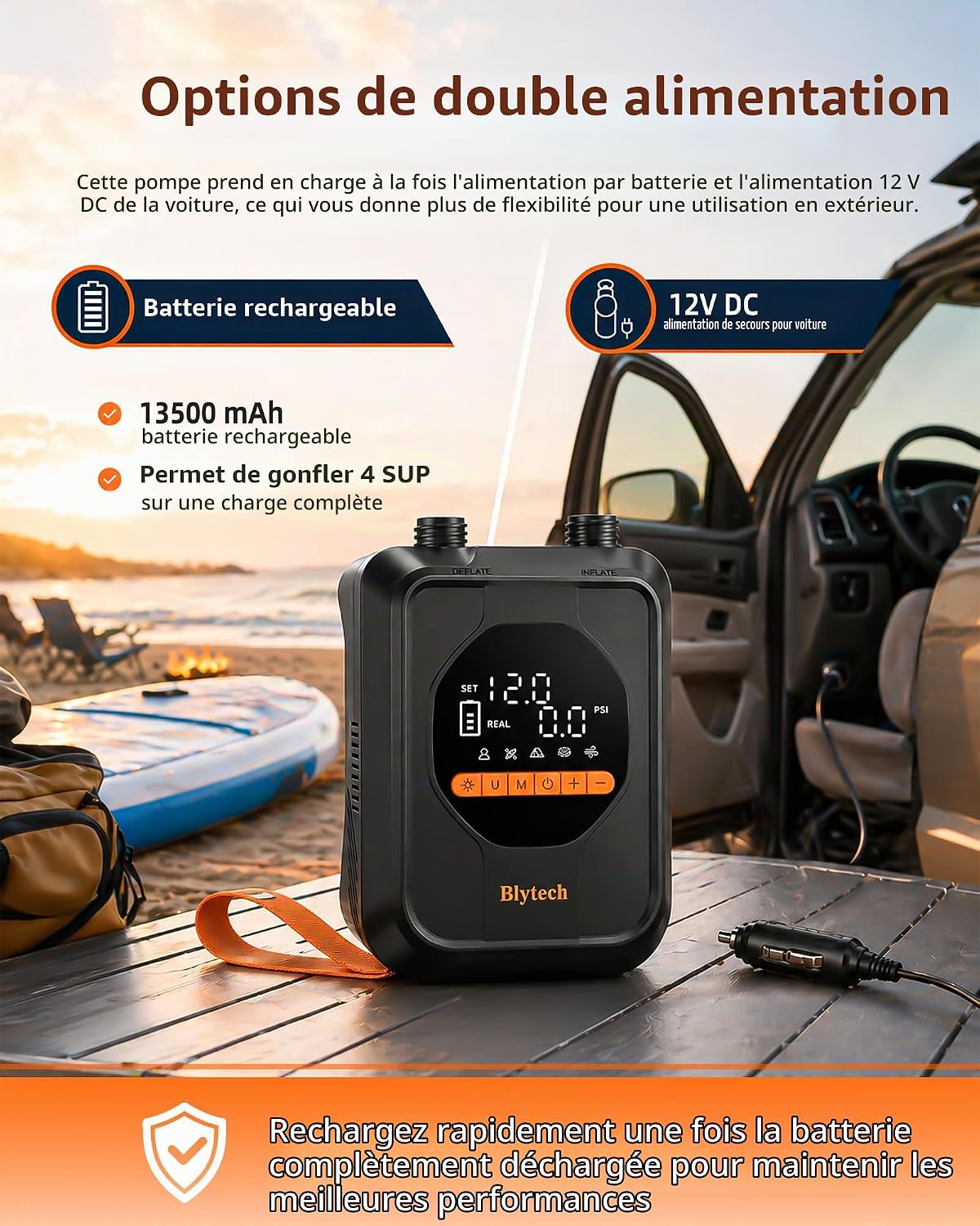 Gonfleur électrique paddle 20 PSI rechargeable avec embouts, photo 4
