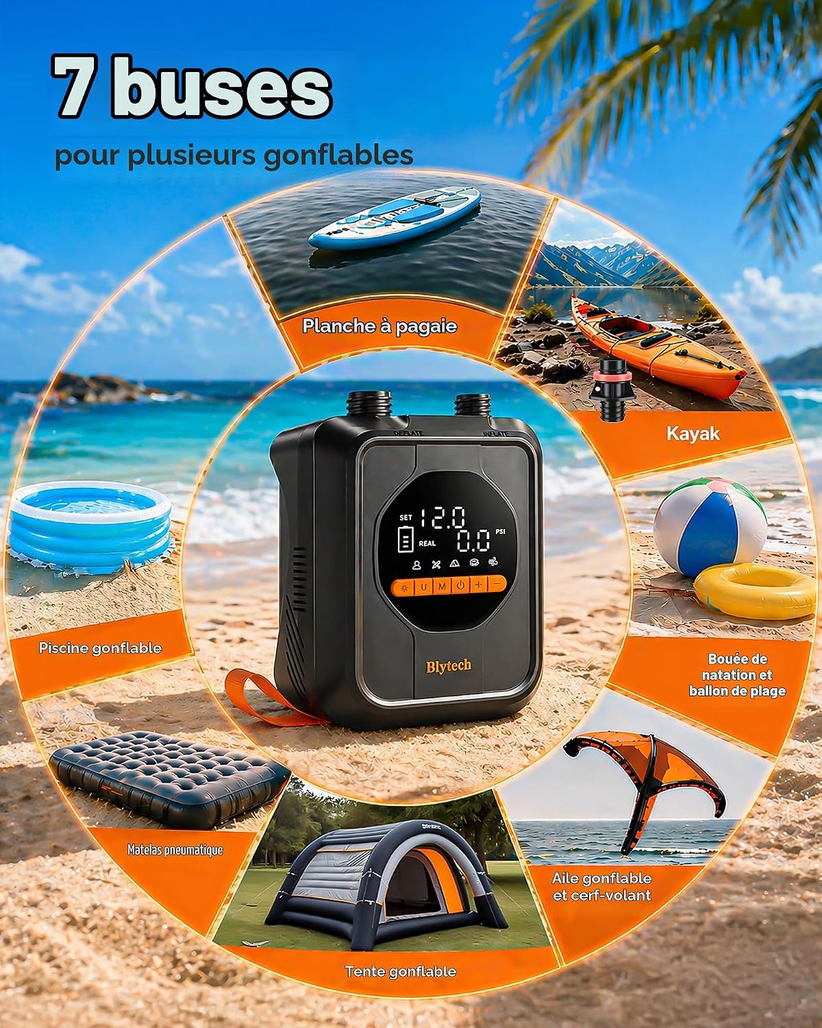 Gonfleur électrique paddle 20 PSI rechargeable avec embouts, photo 7