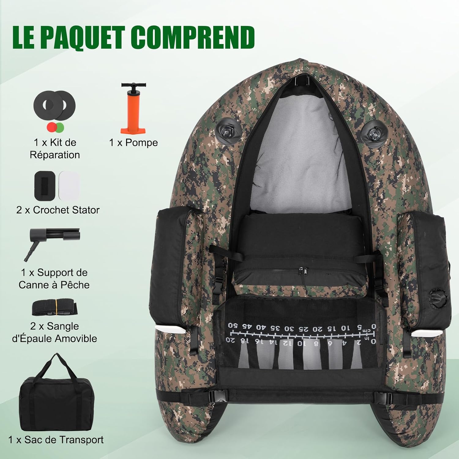 Float tube de pêche camouflage LEADZM avec pompe et sac, photo 8
