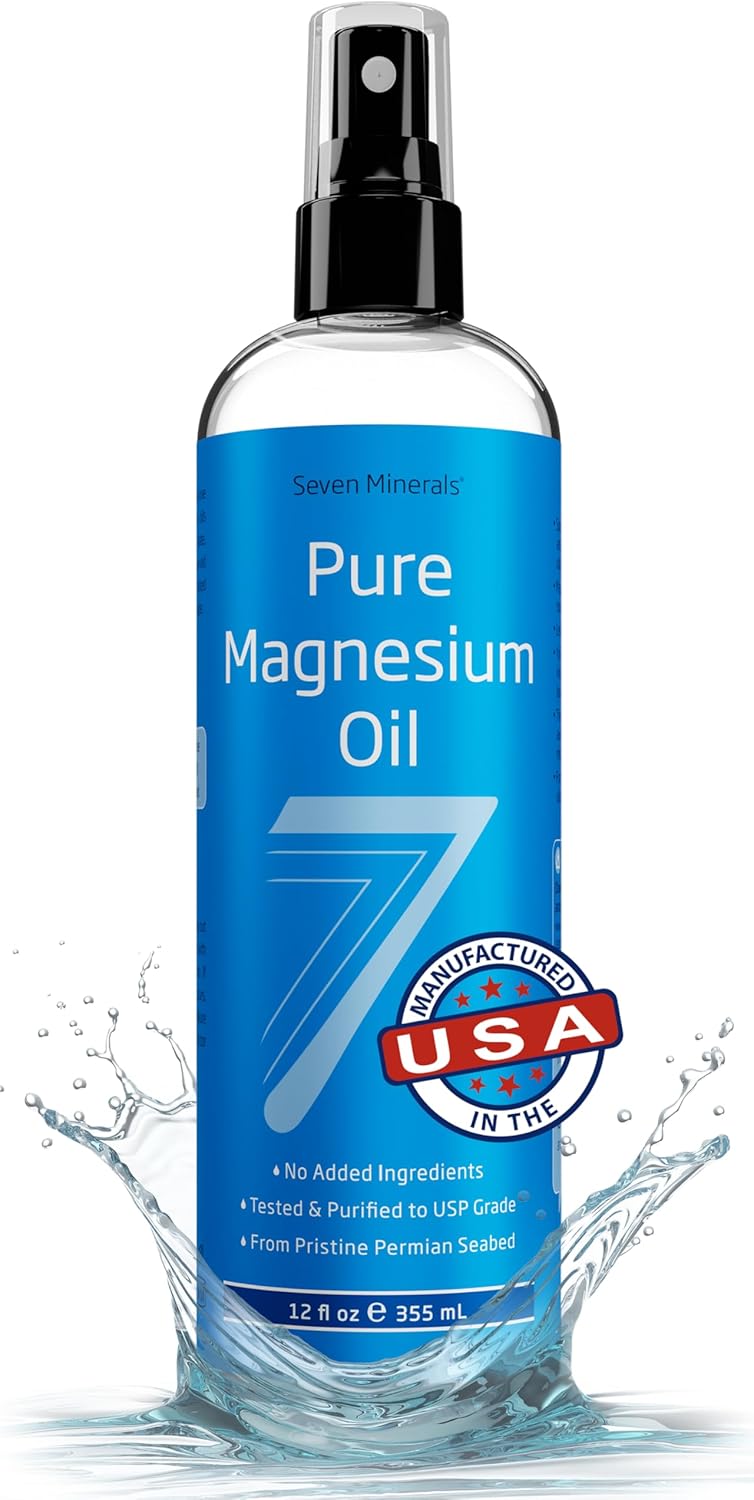 Seven Minerals, Pure Magnesium Oil Spray - Big 12 oz (Lasts 9 Months) - USP Grade Magnesium Spray, No Unhealthy Trace Minerals - from Ancient Underground Permian Seabed in USA, Free eBook Included 12 Ounce (Pack of 1)