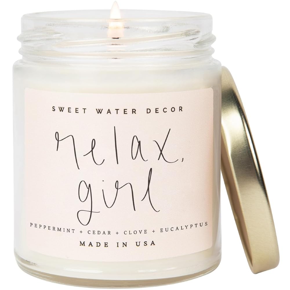 Sweet Water Decor, Relax Girl, Peppermint, Cedar, Clove, and Eucalyptus Scented Soy Wax Candle for Home | 9oz Clear Jar, 40 Hour Burn Time, Made in the USA Relax Girl Soy Candle