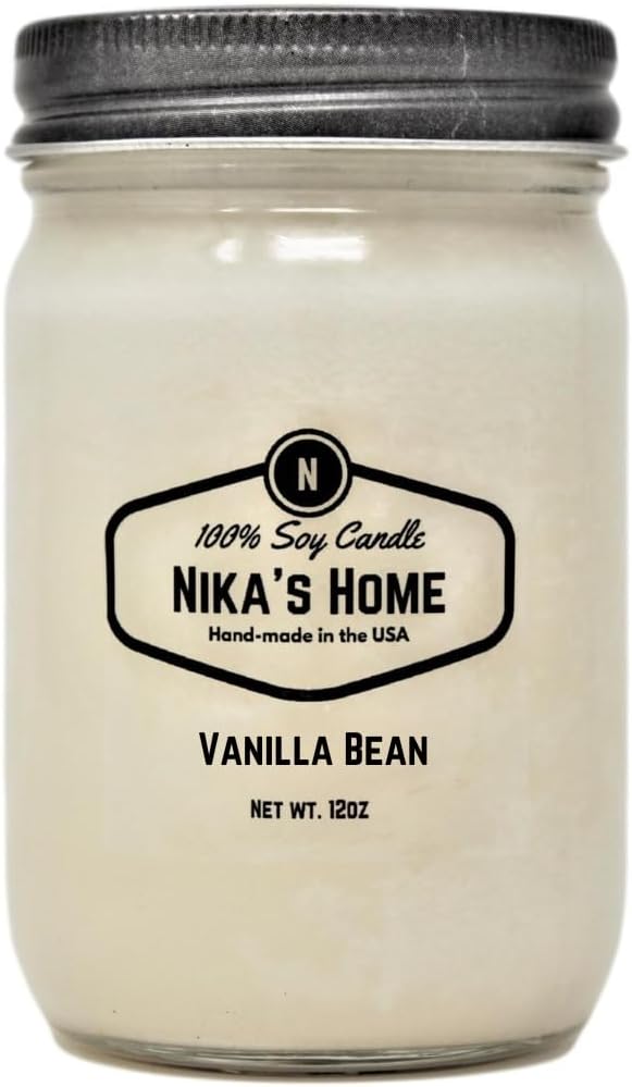 Nika\'s Home Vanilla Bean Soy Candle - 12oz Mason Jar - Non-Toxic - Hand Poured in The USA, Long Burning 50-60 Hours Highly Scented All Natural, Clean Burning