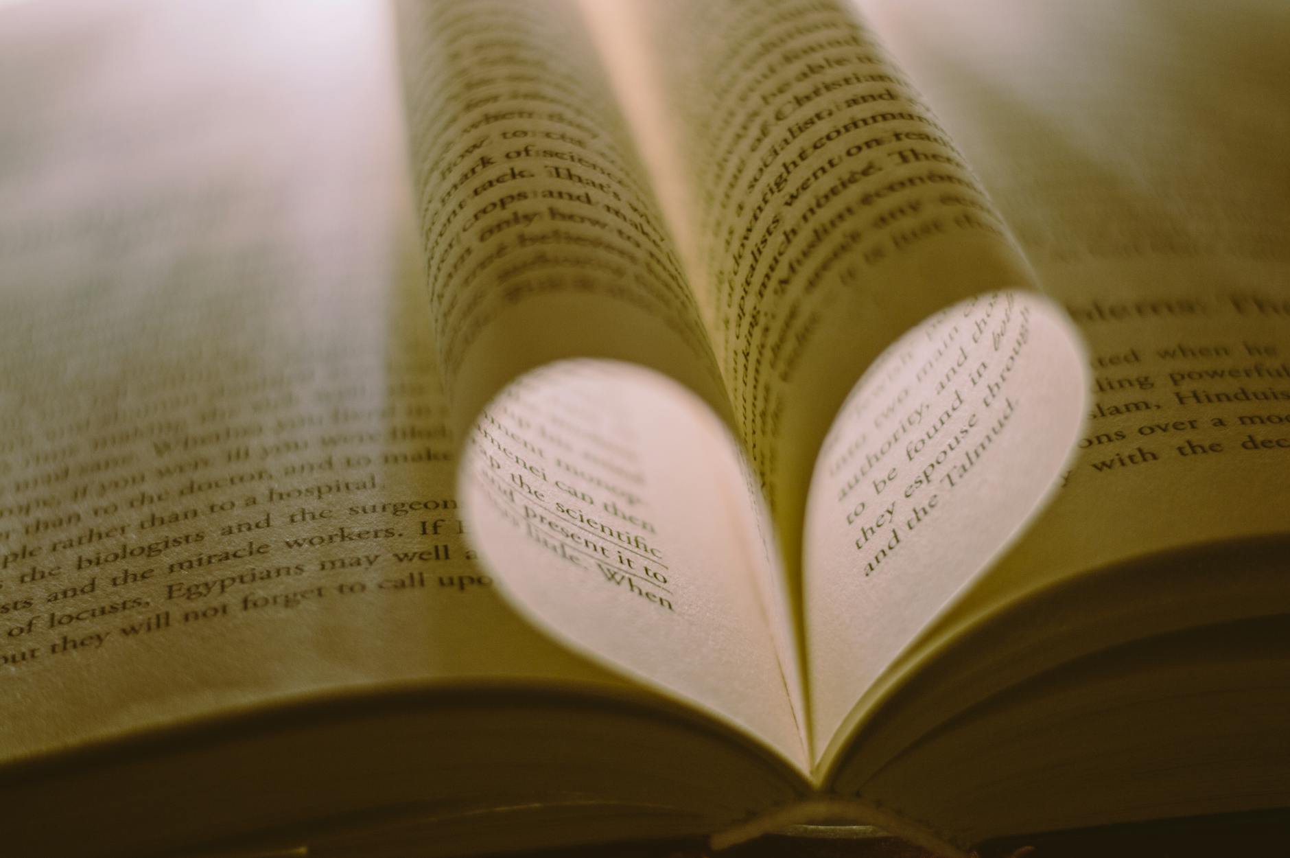 creative heart shape formed by book pages under warm light symbolizing love for reading