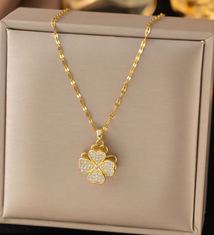 Collier Pendentif Trèfle En Acier Inoxydable Doré - Zircons, Longueur 36-40cm