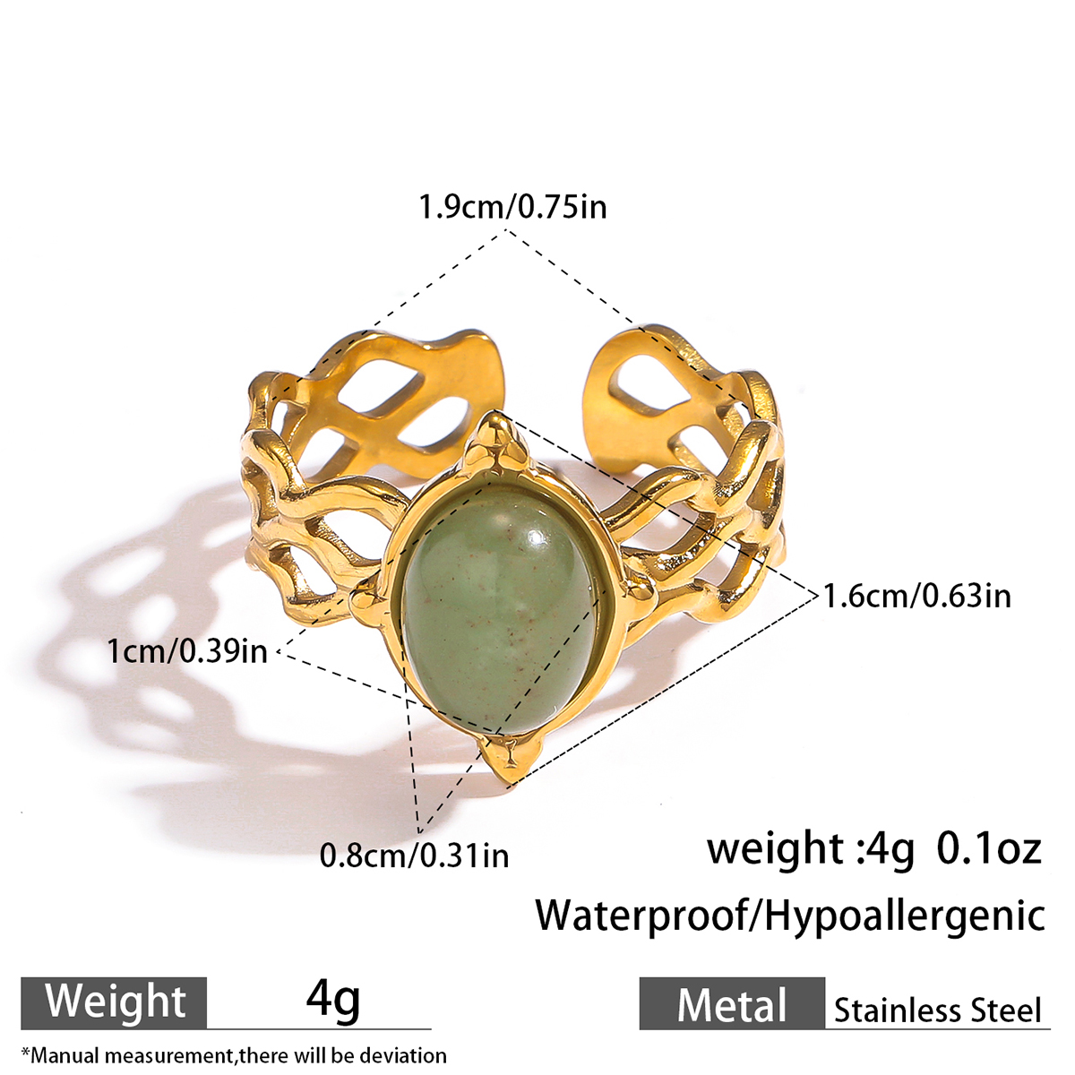 bague pierre naturelle femme acier doré inoxydable