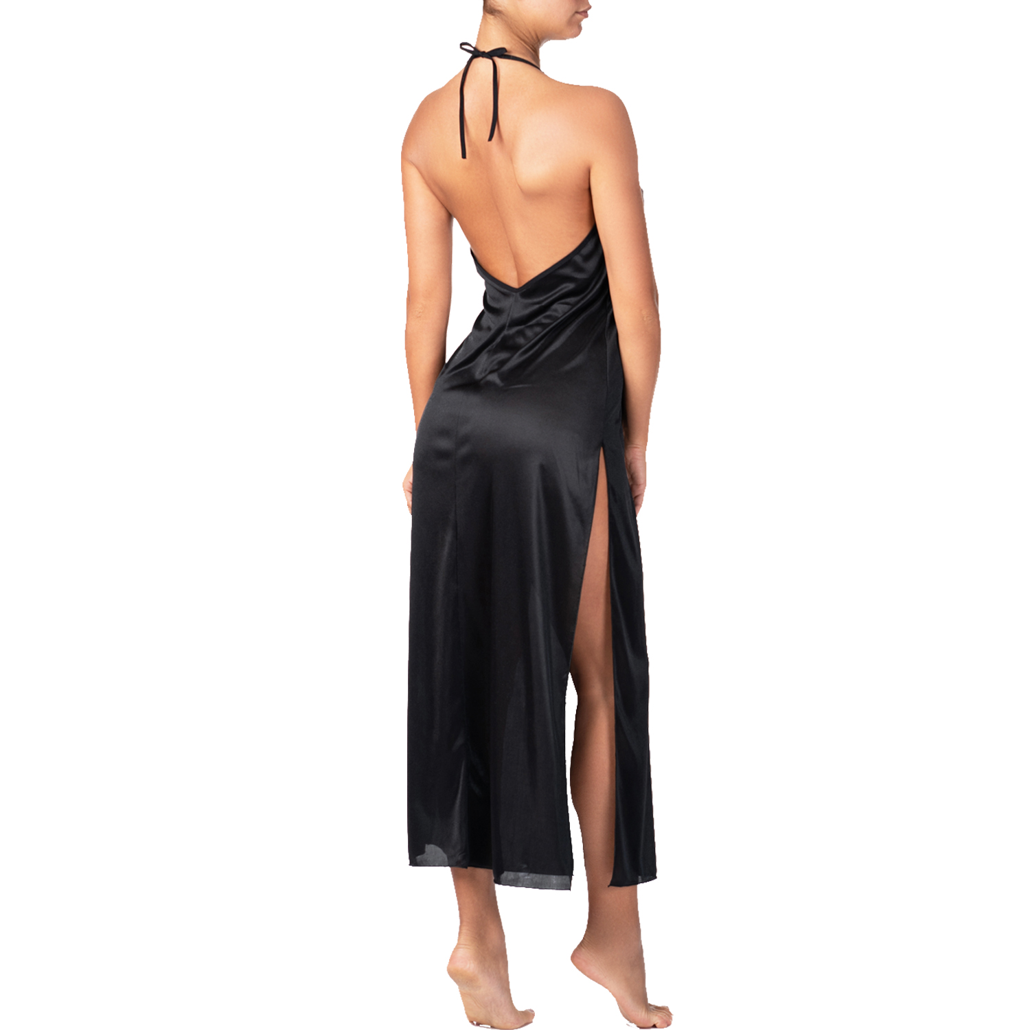 long black satin nightgown with an open back