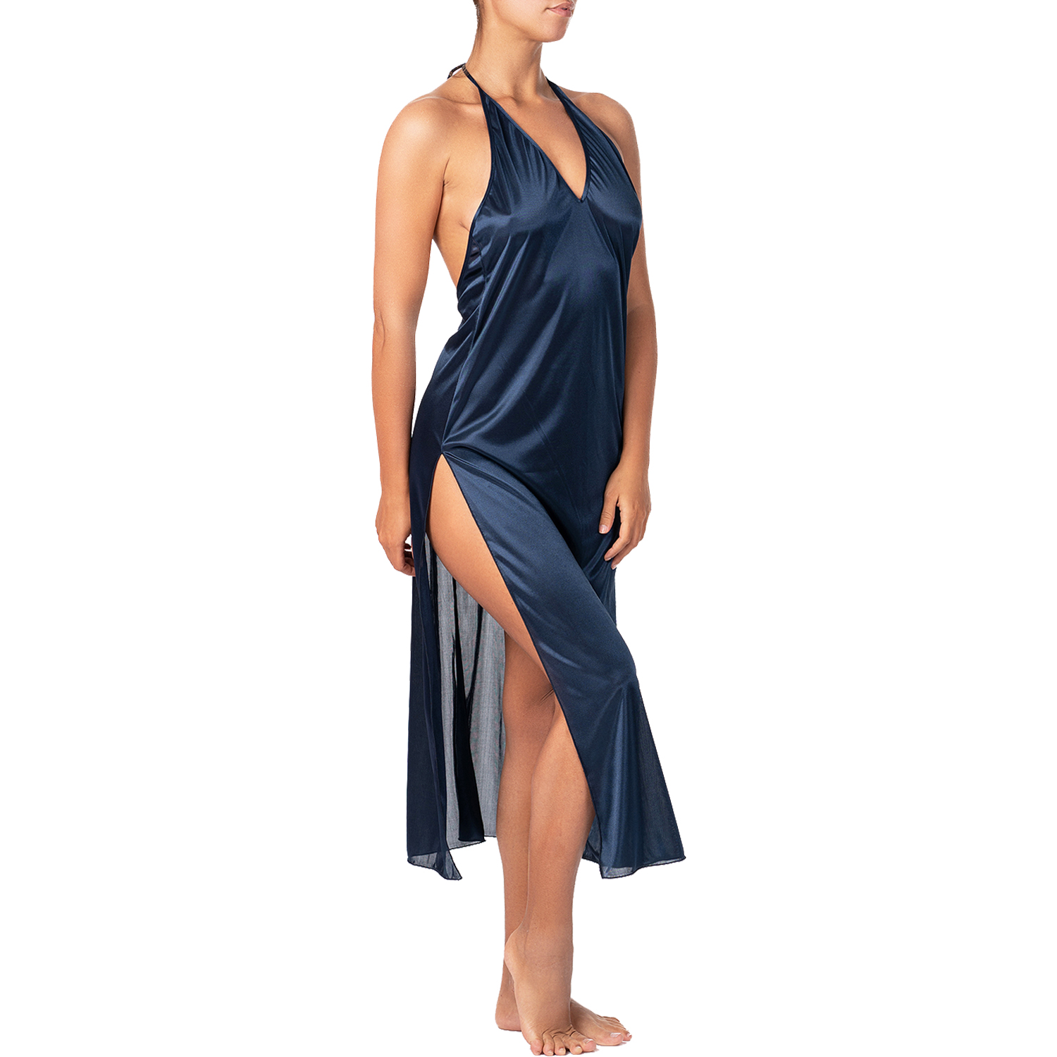 long blue nighgown with plunging V neckline and open back