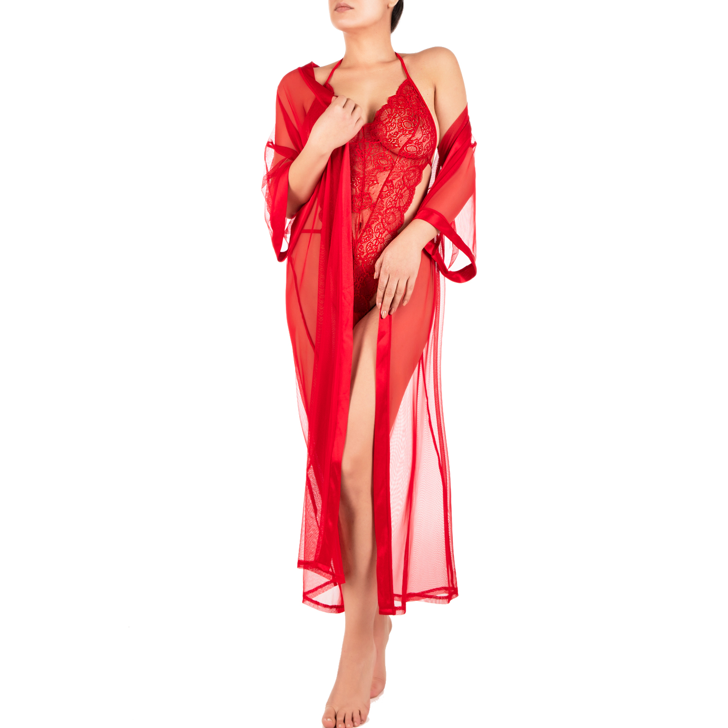 long red kimono with lace bodysuit