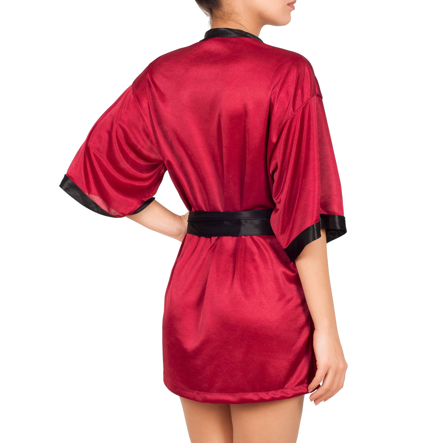 picture of a sexy burgundy and black satin kimono