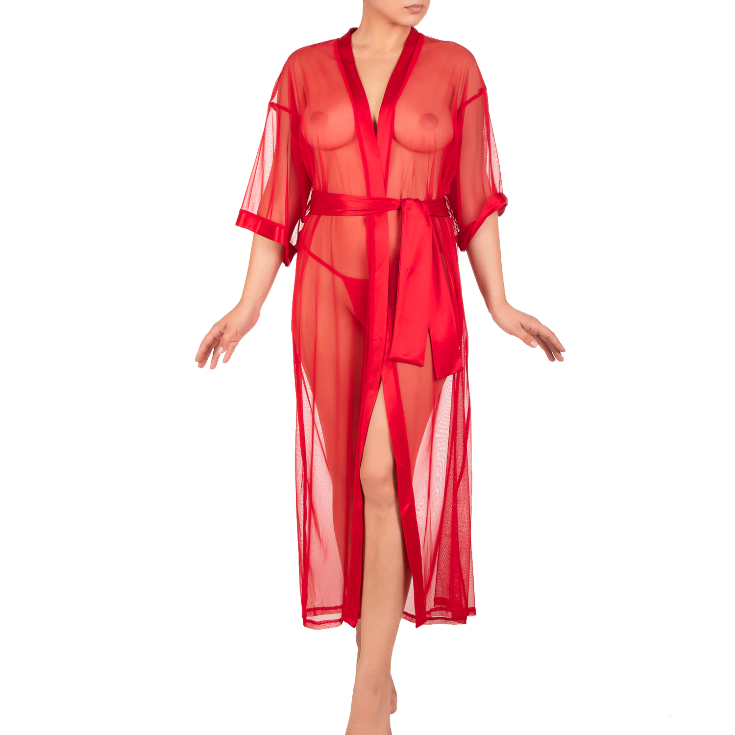 Picture of a long sheer red tulle kimono