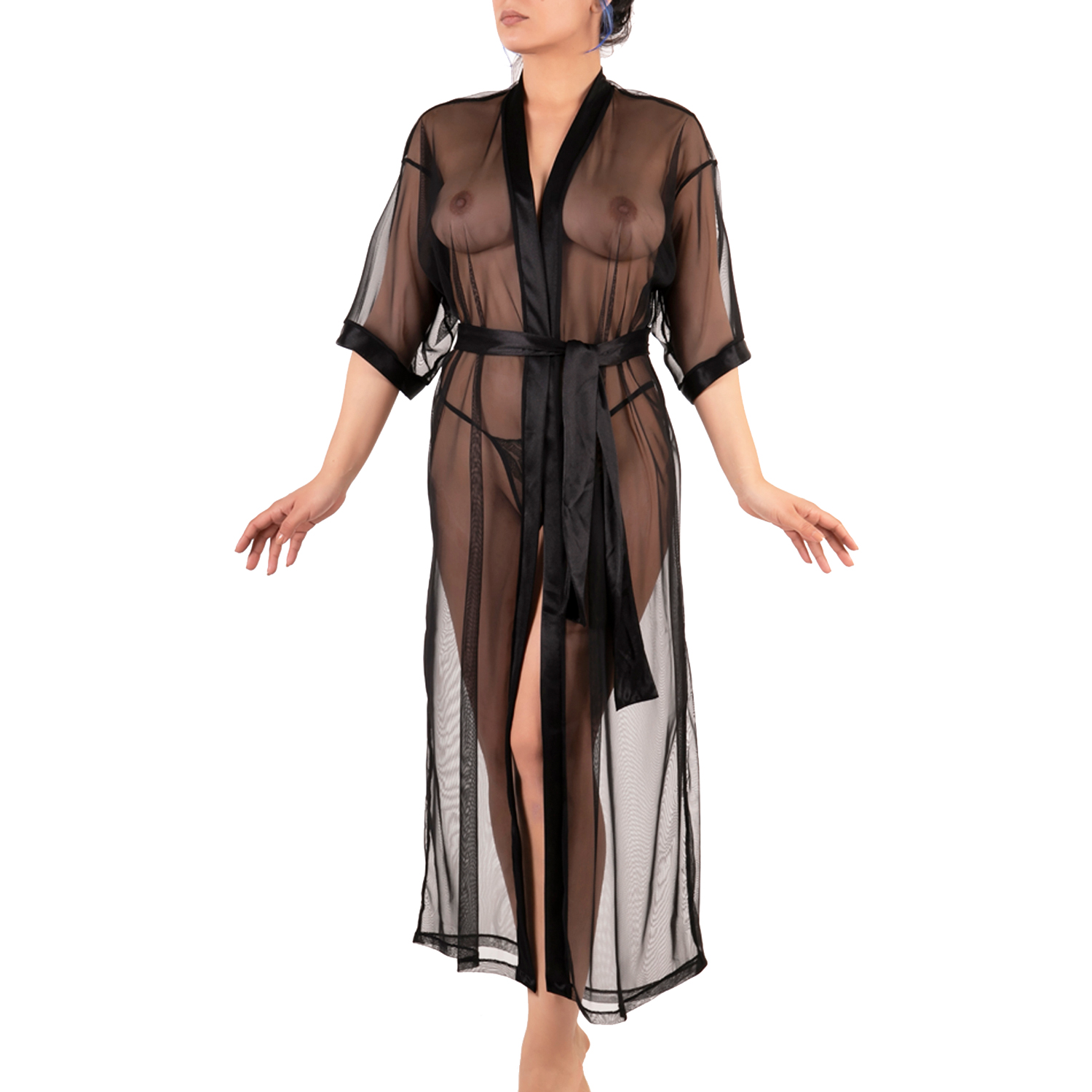 Picture of a long sheer black tulle kimono