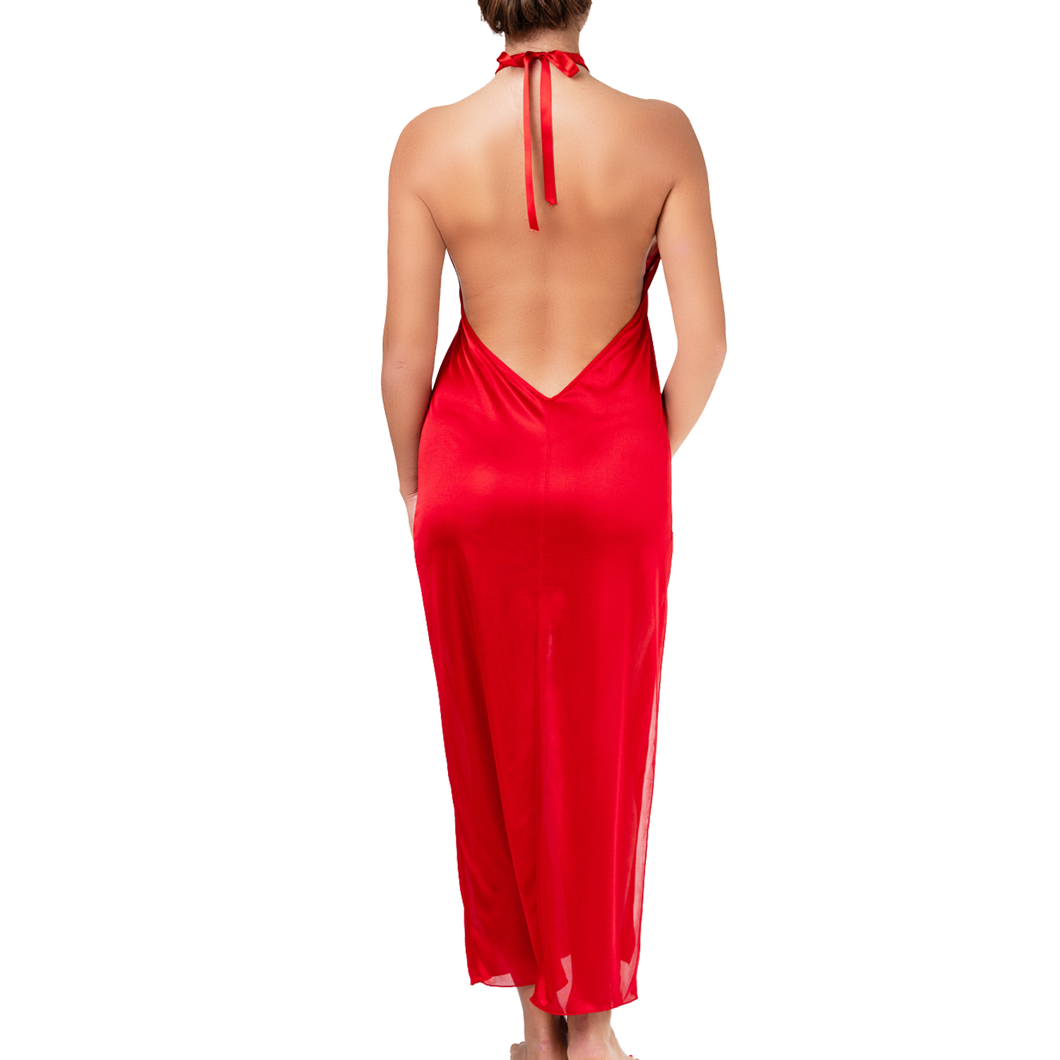 picture of a long red satin nightgown with open back