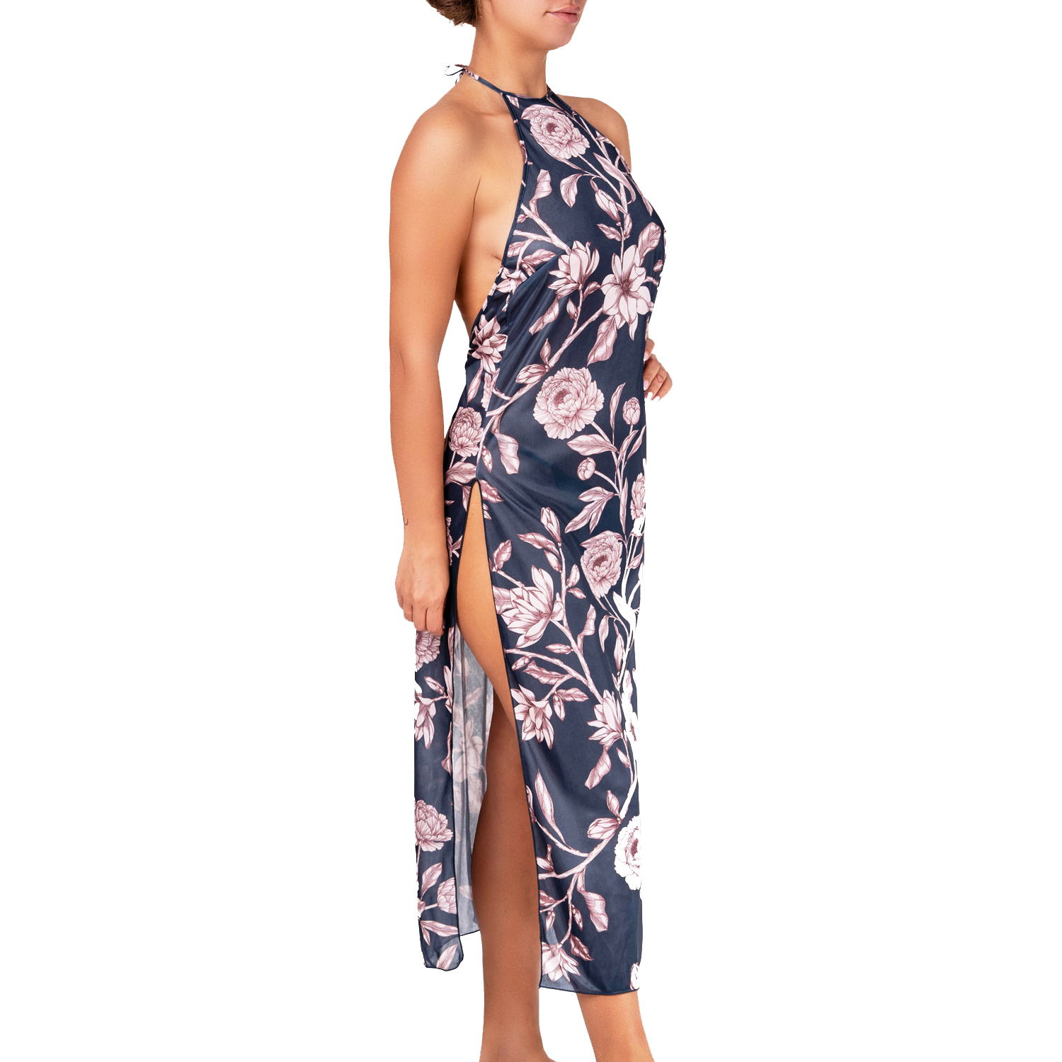 picture of a long blue-gray printed satin nightgown