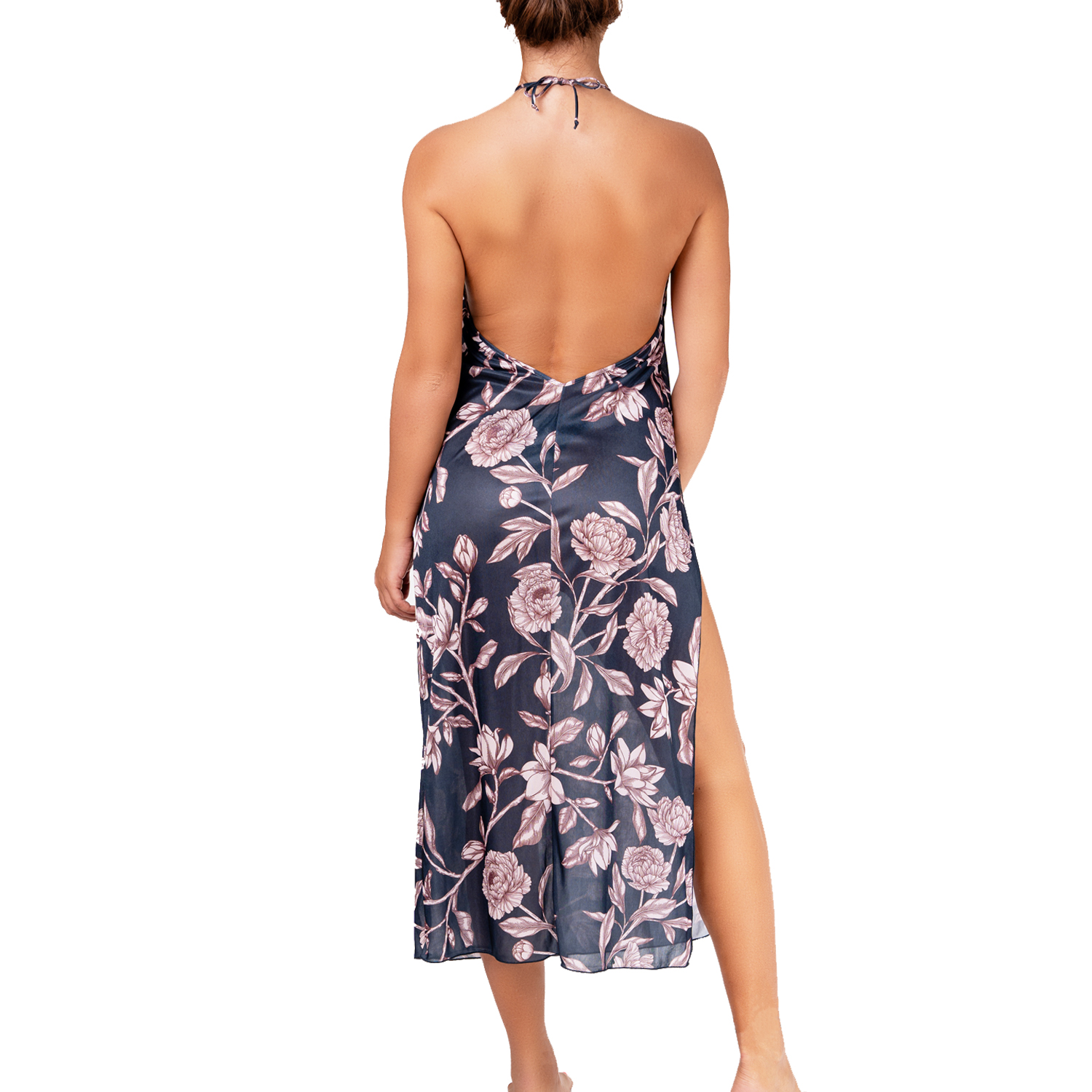 picture of a long blue-gray printed satin nightgown with open back