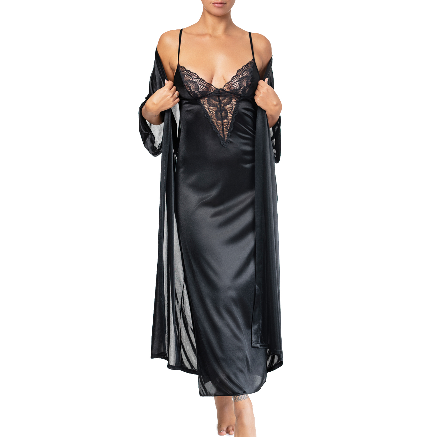 picture of a long black satin nightgown with lace neckline