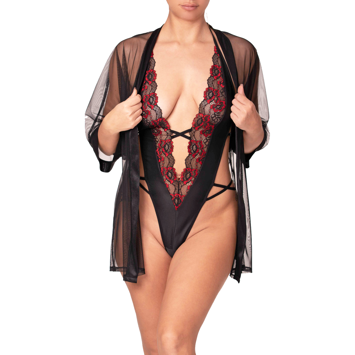 picture of a black tulle kimono and satin bodysuit with two tone lace