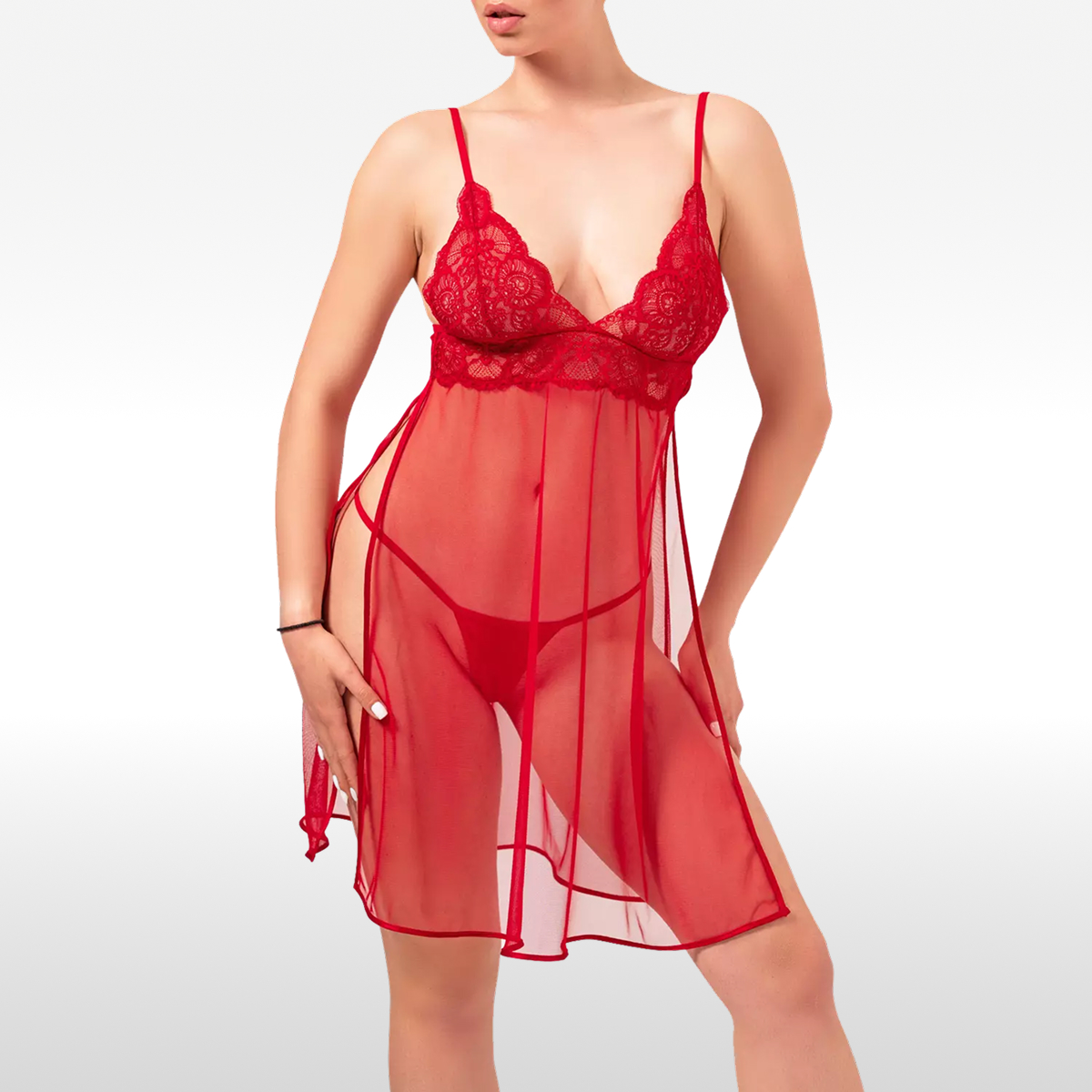 picture of a red tulle nightie with lace neckline and open side