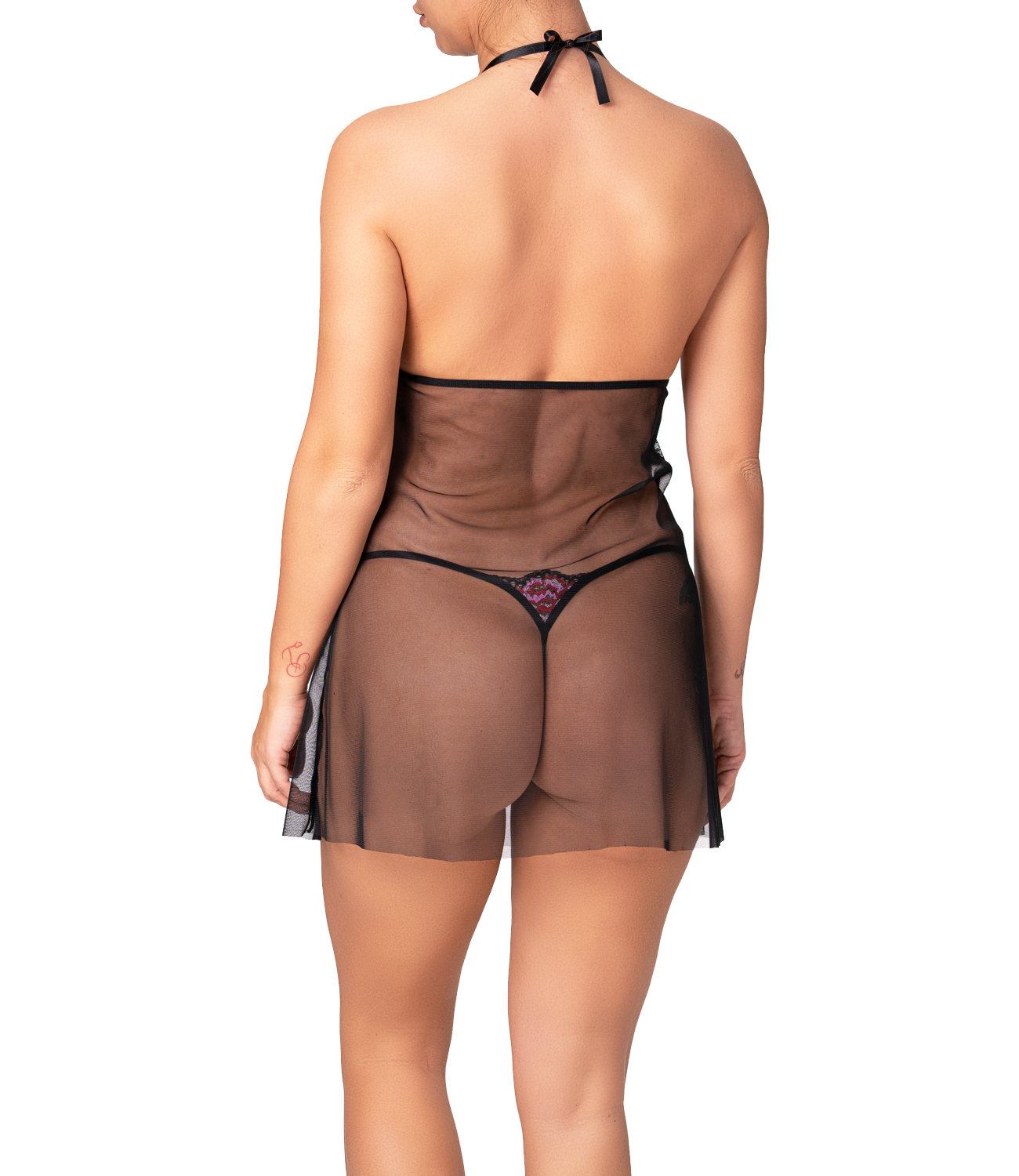 Back picture of a black transparent tulle babydoll with multicolored lace neckline
