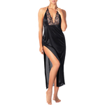 long black satin nightgown with lace neckline and open back