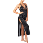 long black satin nightdress with lace and a high slit