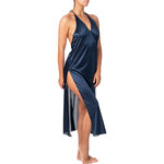 long blue nighgown with plunging V neckline and open back