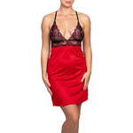 red nightgown with lace neckline