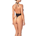 thong back of a gold and black lace bodysuit