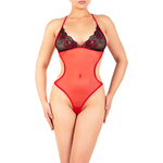 red tulle bodysuit with lace on the bust