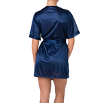 picture of a midnight blue satin kimono with matching lace