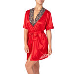 picture of a red satin kimono adorned with gold and black lace neckline